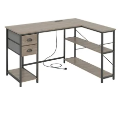 Corner L-Shaped Computer Desk with Charging Station USB Type C and Outlets, Home Office Writing Table with Fabric Storage Drawers and Metal Frame Desk