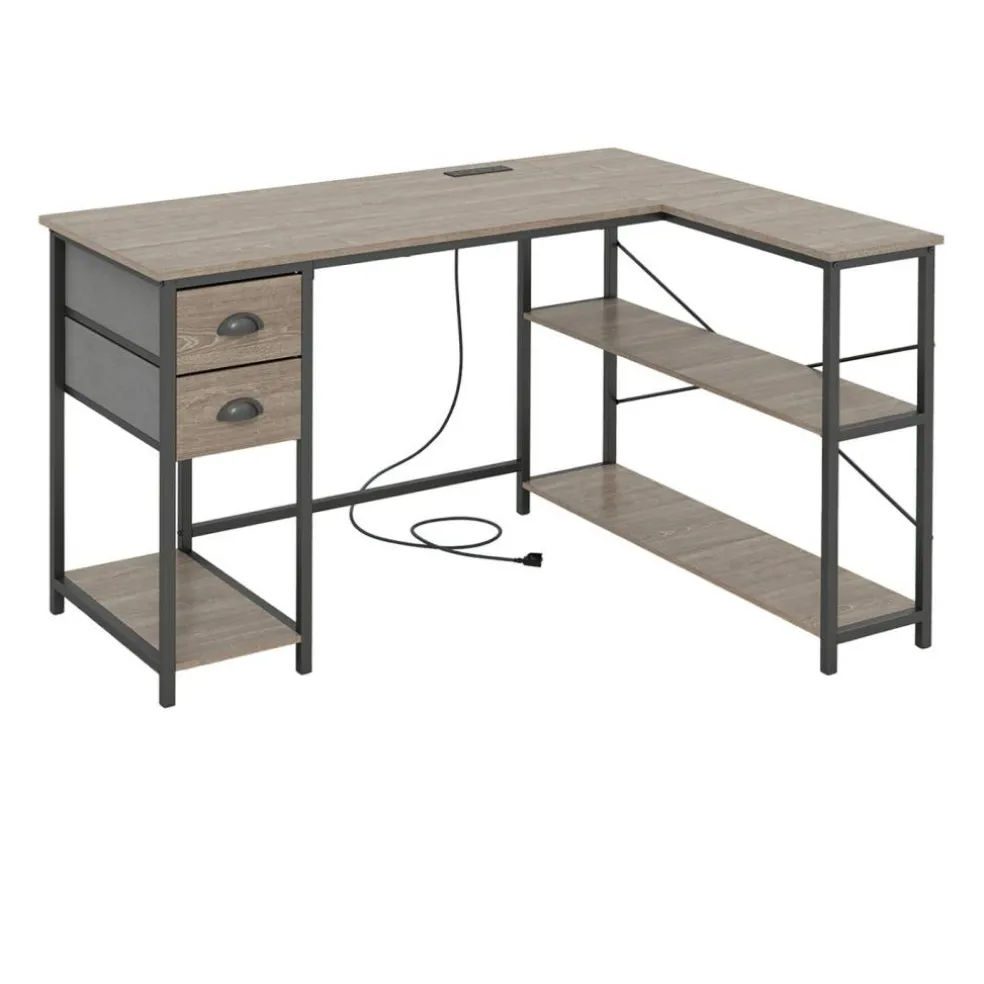 Corner L-Shaped Computer Desk with Charging Station USB Type C and Outlets, Home Office Writing Table with Fabric Storage Drawers and Metal Frame Desk