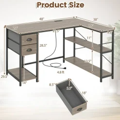 Corner L-Shaped Computer Desk with Charging Station USB Type C and Outlets, Home Office Writing Table with Fabric Storage Drawers and Metal Frame Desk