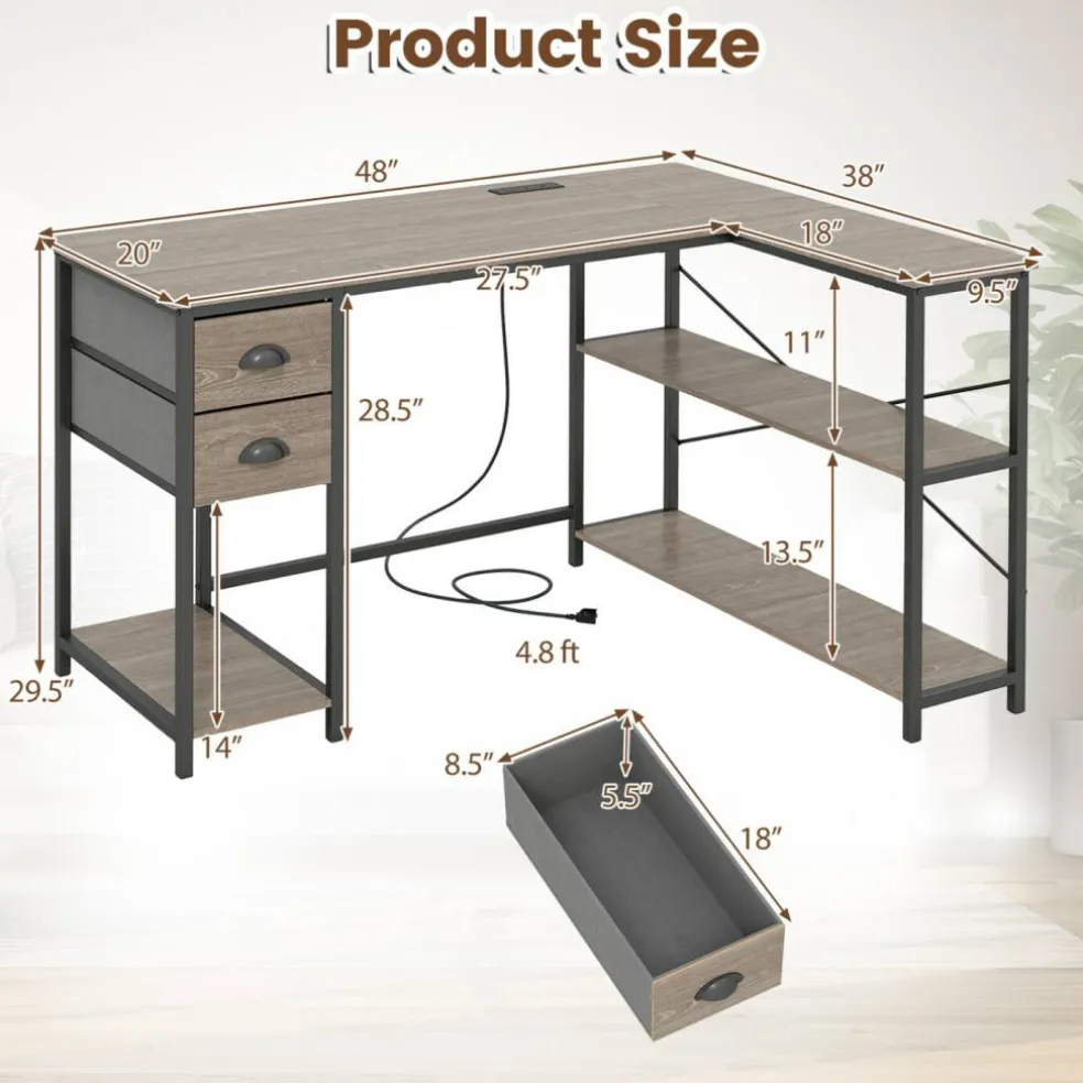 Corner L-Shaped Computer Desk with Charging Station USB Type C and Outlets, Home Office Writing Table with Fabric Storage Drawers and Metal Frame Desk