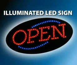 COSCO LED "Open" Lighted Sign, 9.5"H x 19"W x 2"D, Black With Red/Blue Lights