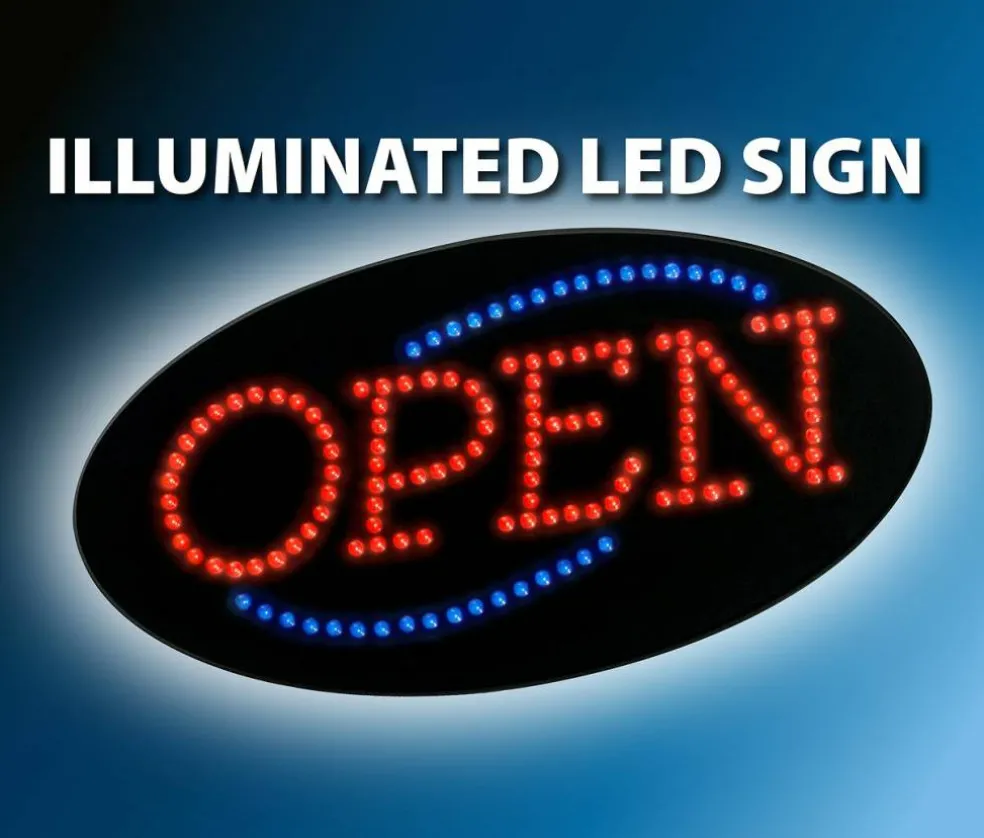 COSCO LED "Open" Lighted Sign, 9.5"H x 19"W x 2"D, Black With Red/Blue Lights