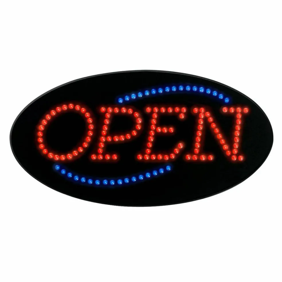 COSCO LED "Open" Lighted Sign, 9.5"H x 19"W x 2"D, Black With Red/Blue Lights