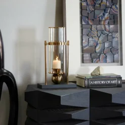 CosmoLiving by Cosmopolitan 17" Gold Metal Pillar Hurricane Lamp with Metal Stand