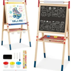 Costway All-in-One Wooden Kid's Art Easel Height Adjustable Paper Roll