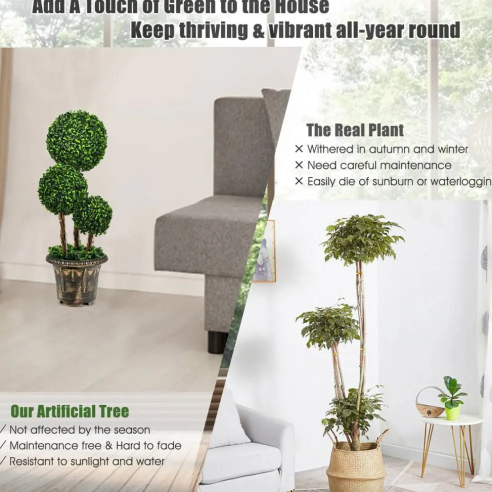 Costway 30'' Artificial Topiary Triple Ball Tree Indoor Outdoor UV Resistant