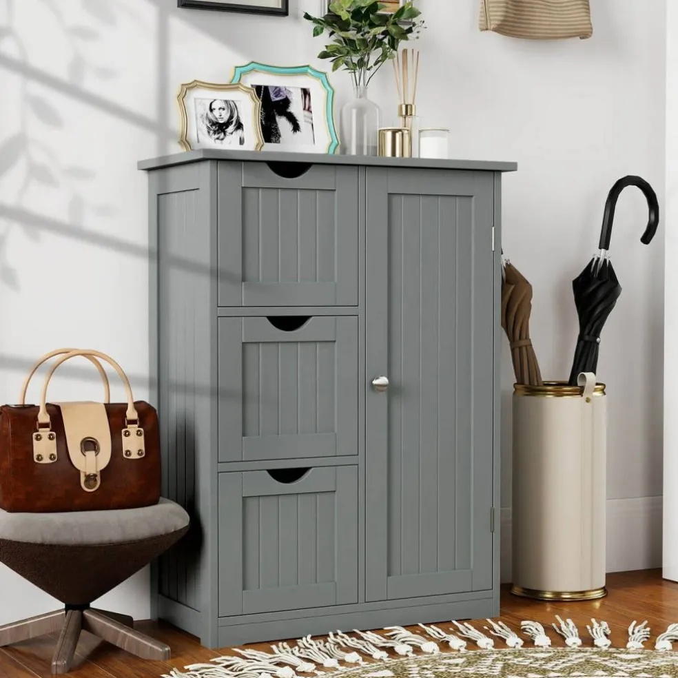 Costway Bathroom Floor Cabinet Side Storage Cabinet with 3 Drawers and 1 Cupboard Grey Black