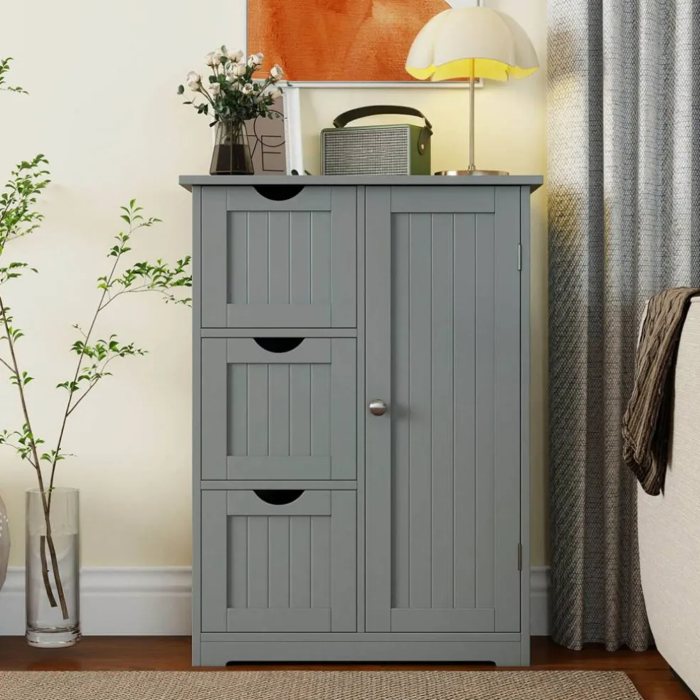 Costway Bathroom Floor Cabinet Side Storage Cabinet with 3 Drawers and 1 Cupboard Grey Black