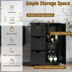 Costway Bathroom Floor Cabinet Side Storage Cabinet with 3 Drawers and 1 Cupboard Grey Black
