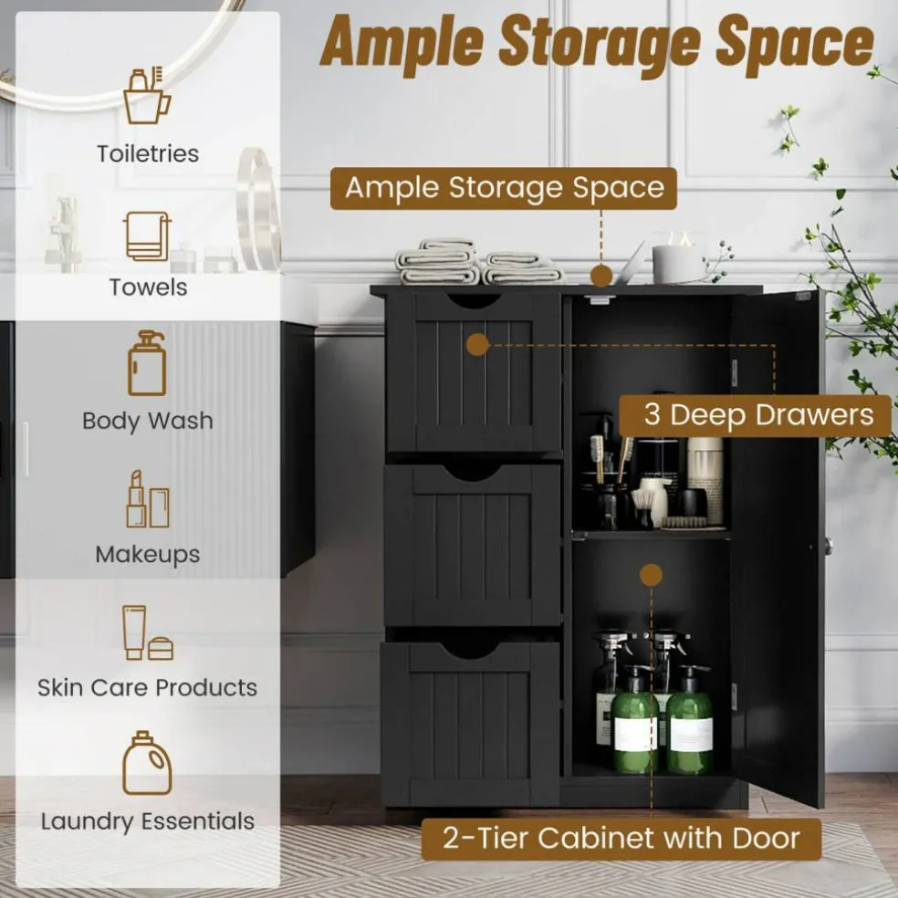 Costway Bathroom Floor Cabinet Side Storage Cabinet with 3 Drawers and 1 Cupboard Grey Black
