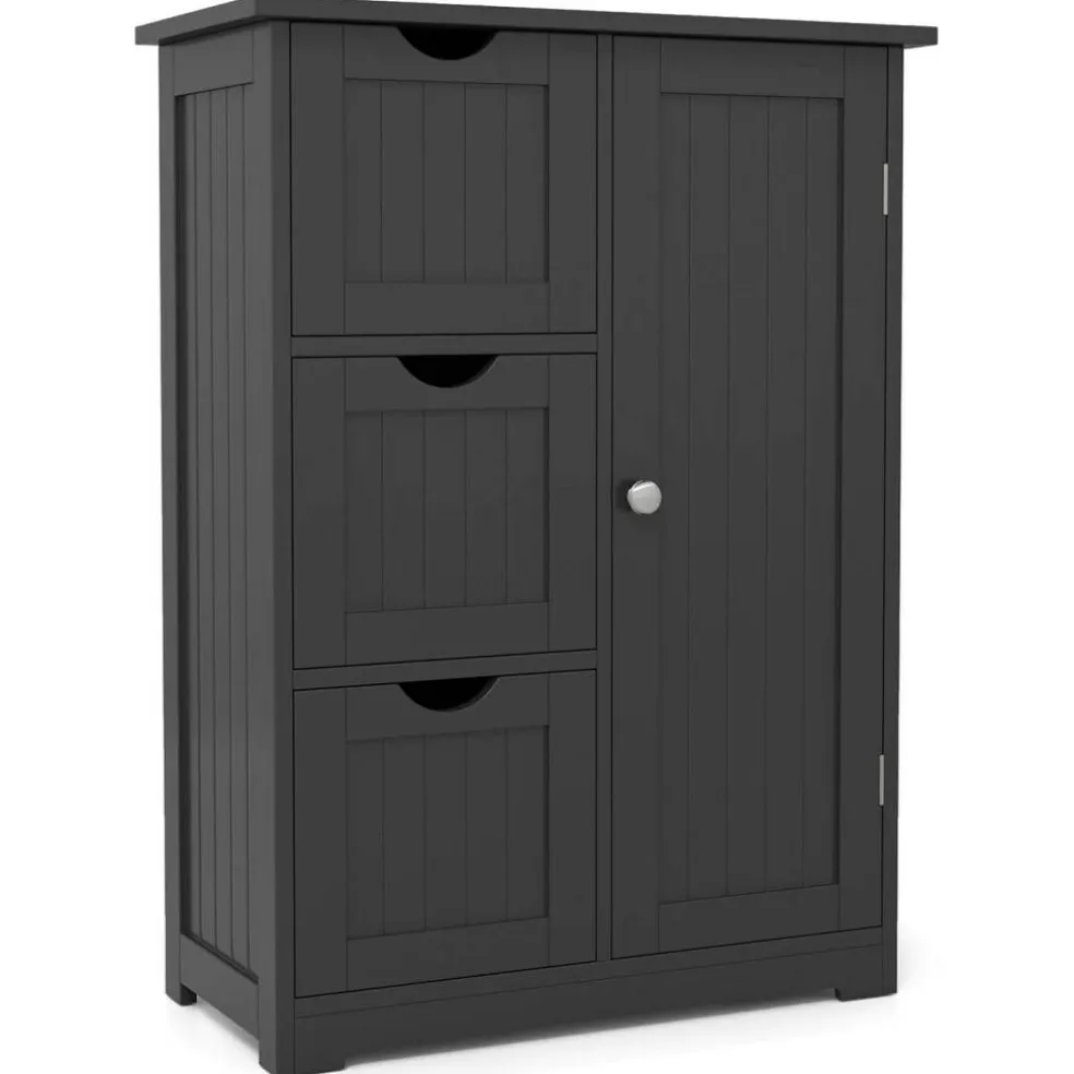 Costway Bathroom Floor Cabinet Side Storage Cabinet with 3 Drawers and 1 Cupboard Grey Black
