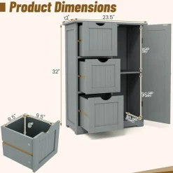 Costway Bathroom Floor Cabinet Side Storage Cabinet with 3 Drawers and 1 Cupboard Grey Black