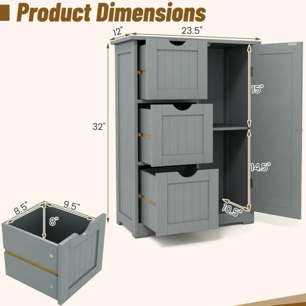 Costway Bathroom Floor Cabinet Side Storage Cabinet with 3 Drawers and 1 Cupboard Grey Black