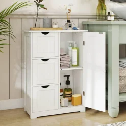 Costway Bathroom Floor Cabinet Side Storage Cabinet with 3 Drawers and 1 Cupboard Grey Black