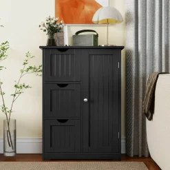 Costway Bathroom Floor Cabinet Side Storage Cabinet with 3 Drawers and 1 Cupboard Grey Black