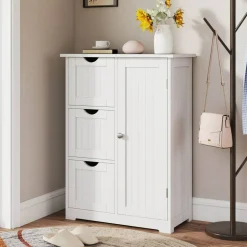 Costway Bathroom Floor Cabinet Side Storage Cabinet with 3 Drawers and 1 Cupboard Grey Black