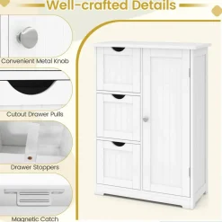 Costway Bathroom Floor Cabinet Side Storage Cabinet with 3 Drawers and 1 Cupboard Grey Black
