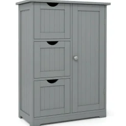 Costway Bathroom Floor Cabinet Side Storage Cabinet with 3 Drawers and 1 Cupboard Grey Black