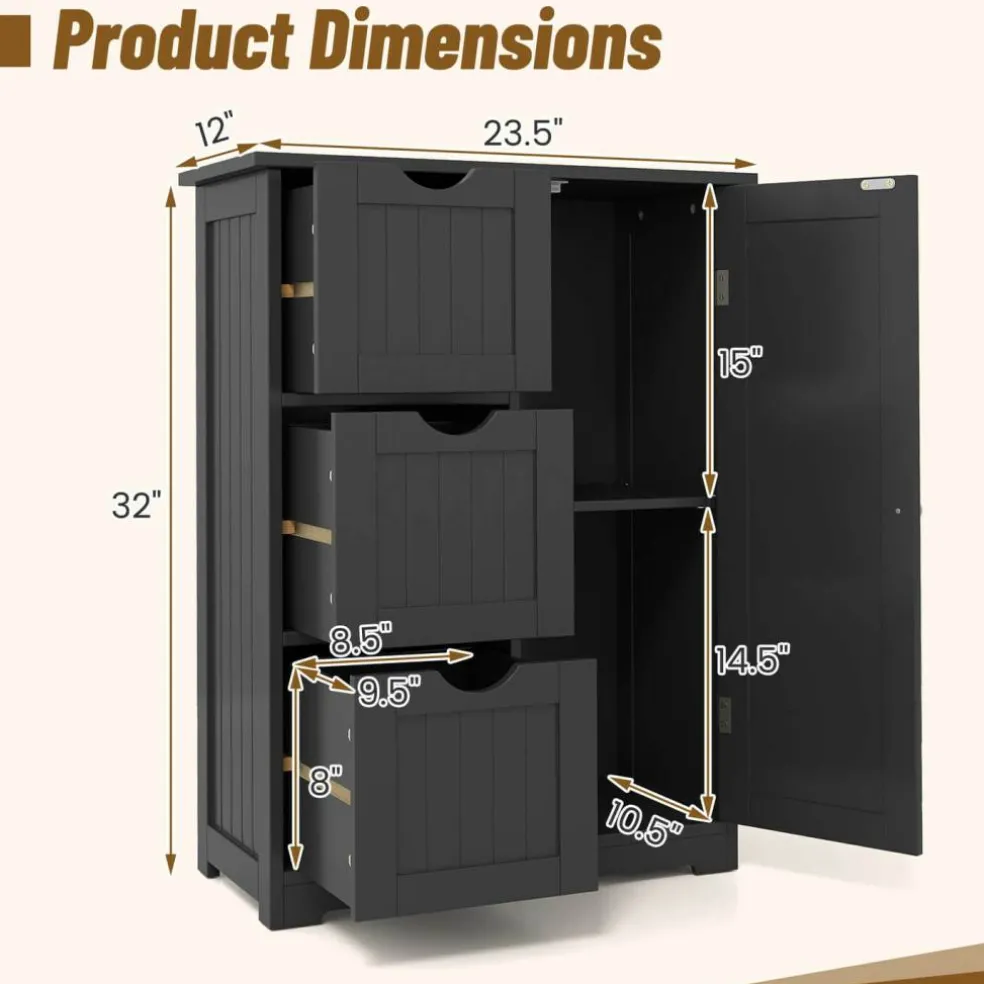 Costway Bathroom Floor Cabinet Side Storage Cabinet with 3 Drawers and 1 Cupboard Grey Black
