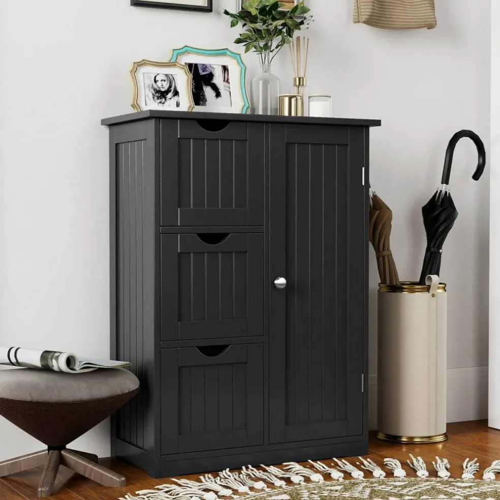 Costway Bathroom Floor Cabinet Side Storage Cabinet with 3 Drawers and 1 Cupboard Grey Black