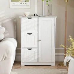 Costway Bathroom Floor Cabinet Side Storage Cabinet with 3 Drawers and 1 Cupboard Grey Black