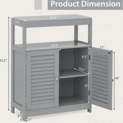 Costway Bathroom Floor Cabinet Storage Organizer with Open Shelf & Double Shutter Door Grey/White