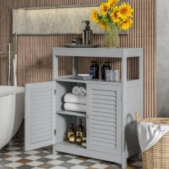 Costway Bathroom Floor Cabinet Storage Organizer with Open Shelf & Double Shutter Door Grey/White