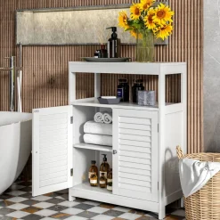 Costway Bathroom Floor Cabinet Free Standing Storage Organizer w/ Double Shutter Doors