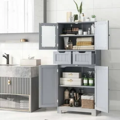 Costway Bathroom Floor Storage Cabinet Kitchen Cupboard with 2 Drawers & Glass Doors Grey
