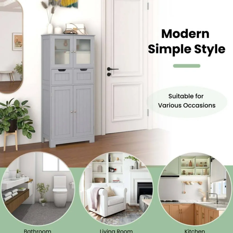 Costway Bathroom Floor Storage Cabinet Kitchen Cupboard with 2 Drawers & Glass Doors Grey