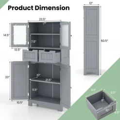 Costway Bathroom Floor Storage Cabinet Kitchen Cupboard with 2 Drawers & Glass Doors Grey