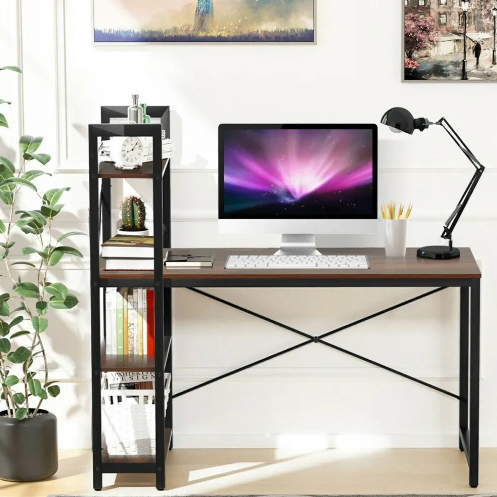 Costway 47.5'' Compact Computer Desk With 4-Tier Storage Bookshelves for Home Office