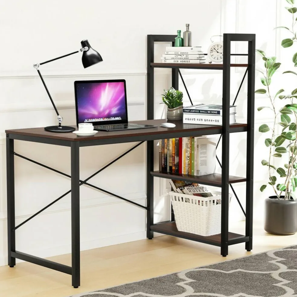Costway 47.5'' Compact Computer Desk With 4-Tier Storage Bookshelves for Home Office