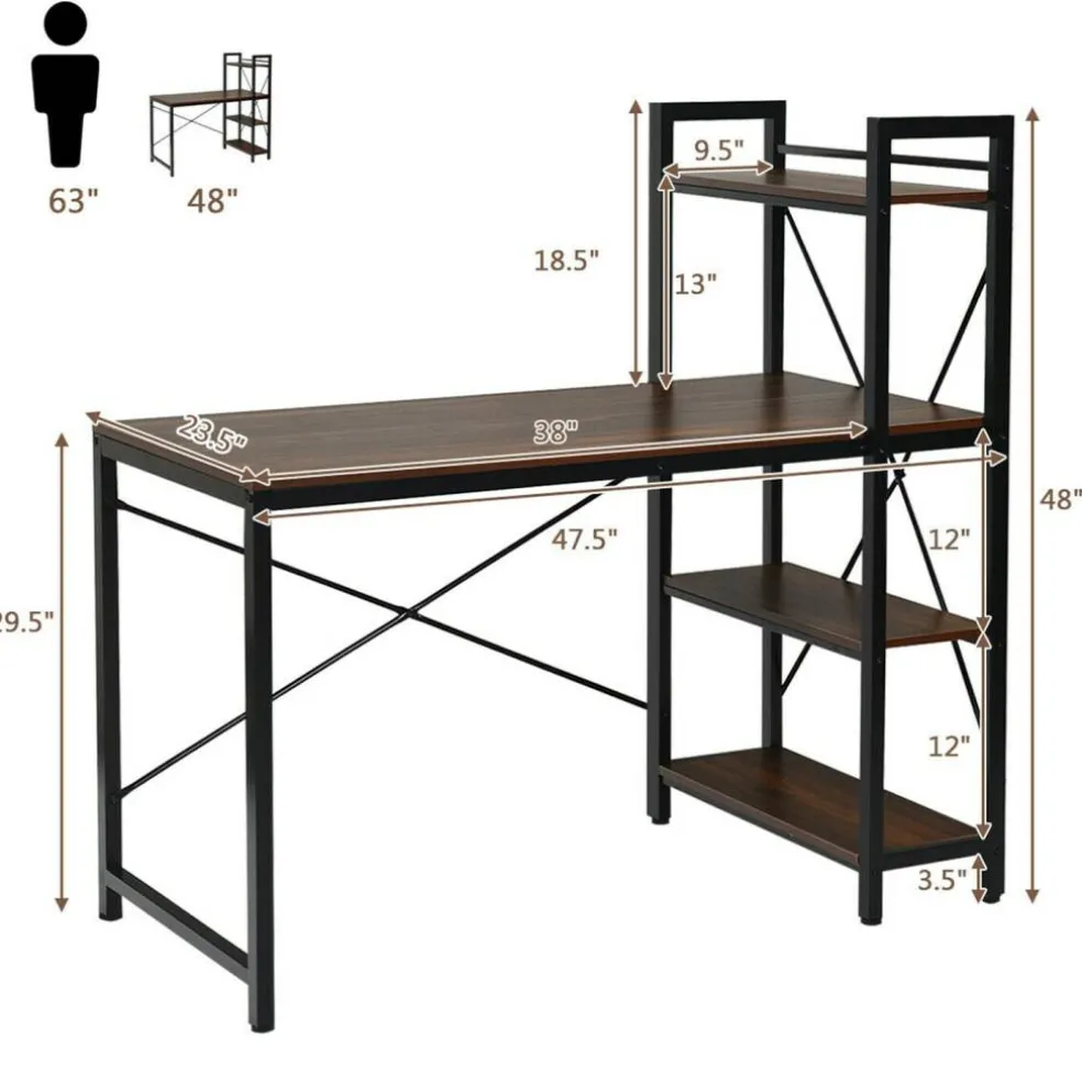 Costway 47.5'' Compact Computer Desk With 4-Tier Storage Bookshelves for Home Office