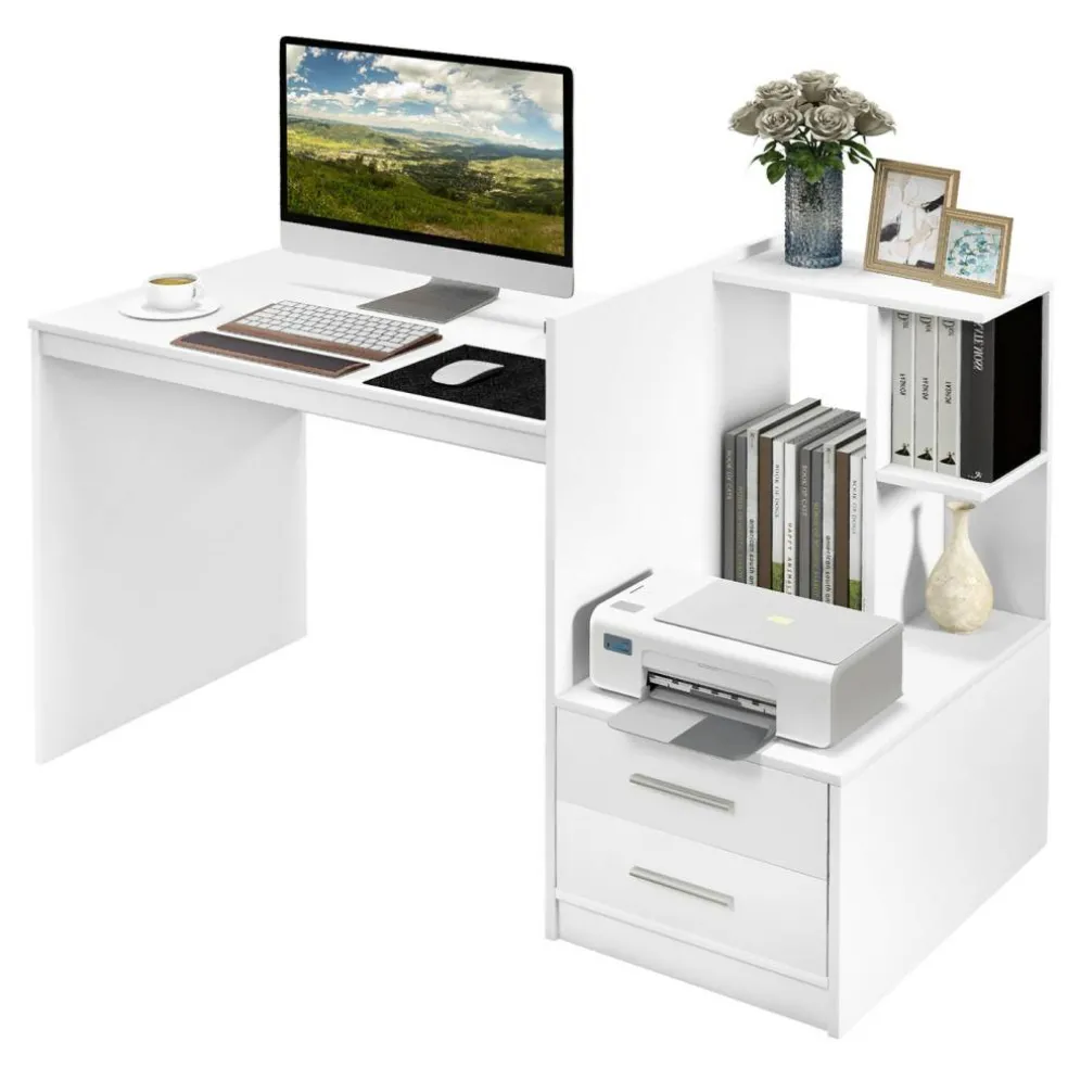 Costway Computer Desk Laptop Table Writing Study Desk Home Office with Bookshelf & Drawers