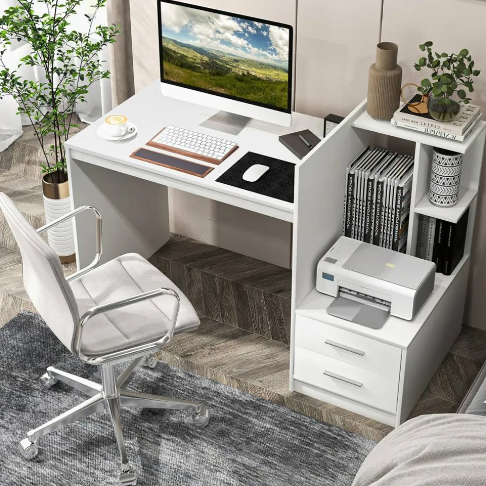 Costway Computer Desk Laptop Table Writing Study Desk Home Office with Bookshelf & Drawers