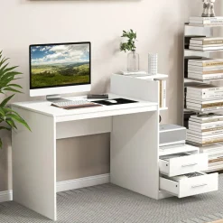Costway Computer Desk Laptop Table Writing Study Desk Home Office with Bookshelf & Drawers