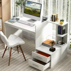 Costway Computer Desk Laptop Table Writing Study Desk Home Office with Bookshelf & Drawers