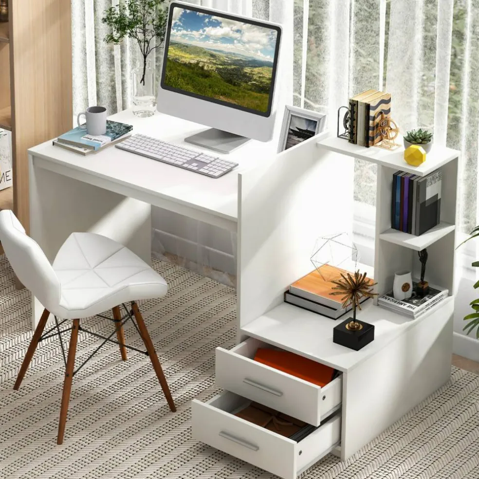 Costway Computer Desk Laptop Table Writing Study Desk Home Office with Bookshelf & Drawers