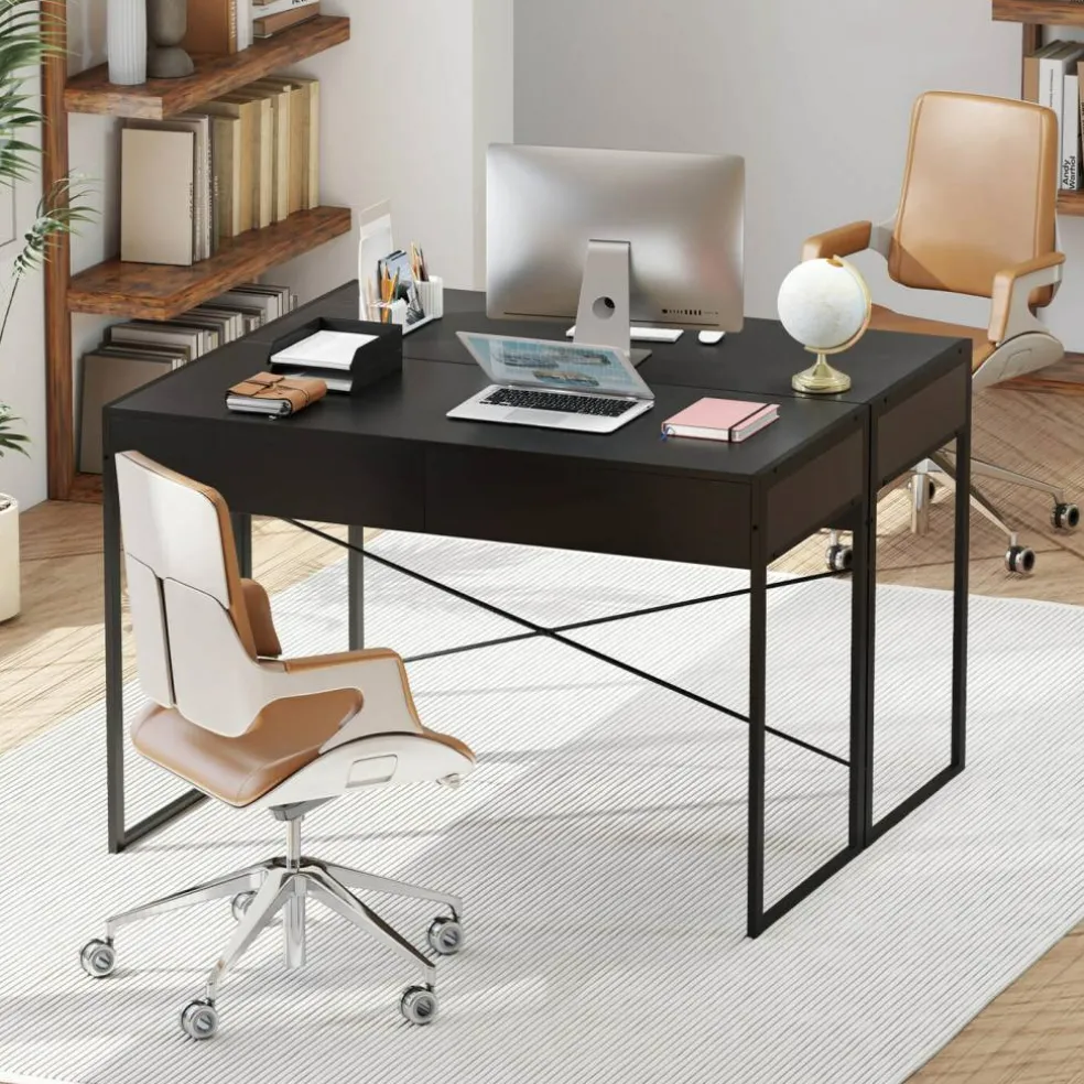 Costway Computer Desk Metal Frame Study Table Home Office Workstation w/2 Drawers