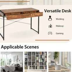 Costway Computer Desk Metal Frame Study Table Home Office Workstation w/2 Drawers