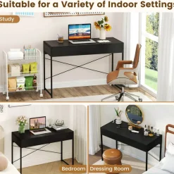 Costway Computer Desk Metal Frame Study Table Home Office Workstation w/2 Drawers