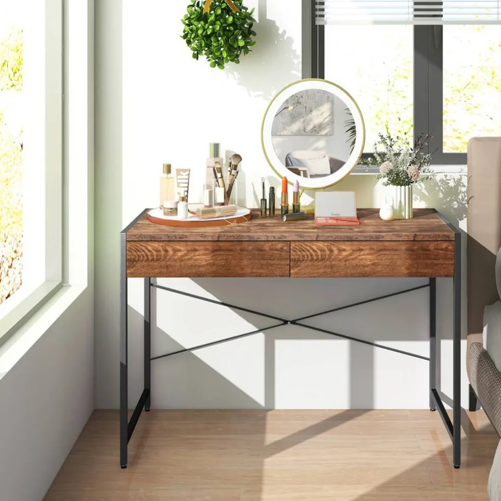 Costway Computer Desk Metal Frame Study Table Home Office Workstation w/2 Drawers