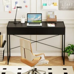 Costway Computer Desk Metal Frame Study Table Home Office Workstation w/2 Drawers