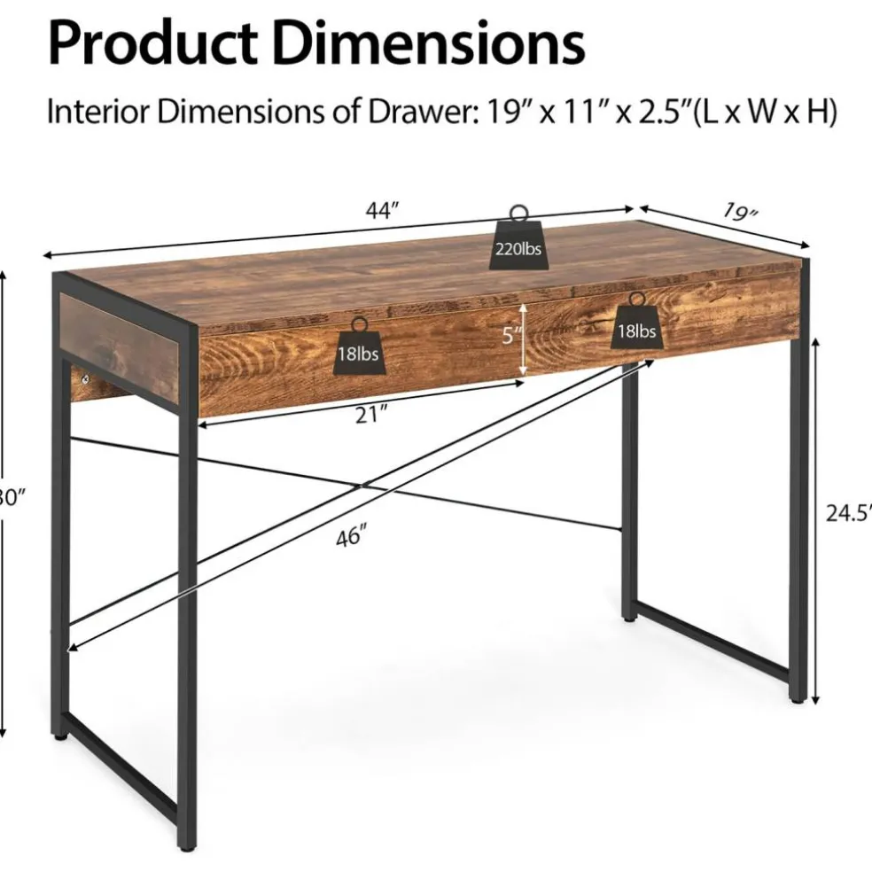 Costway Computer Desk Metal Frame Study Table Home Office Workstation w/2 Drawers