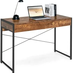 Costway Computer Desk Metal Frame Study Table Home Office Workstation w/2 Drawers