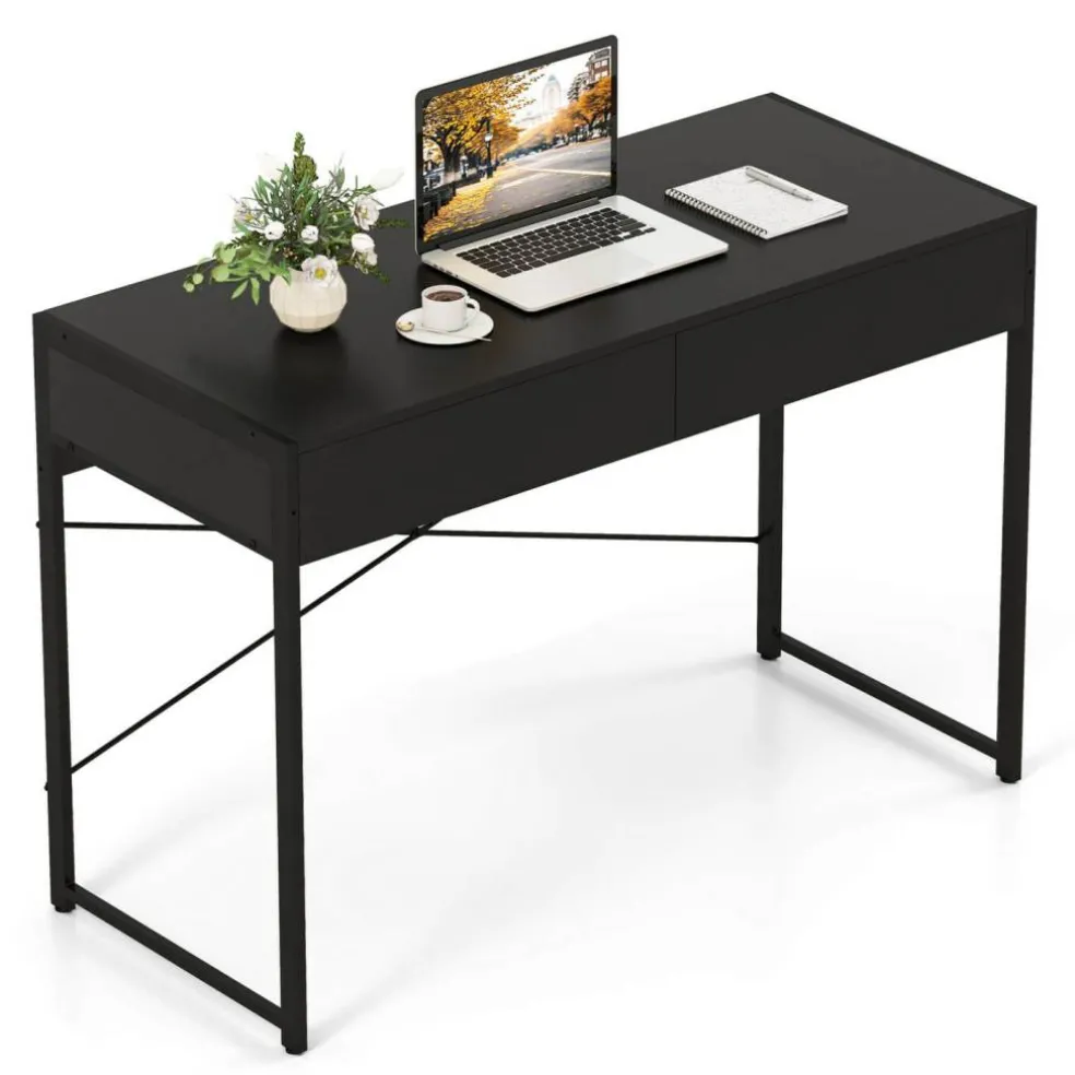 Costway Computer Desk Metal Frame Study Table Home Office Workstation w/2 Drawers