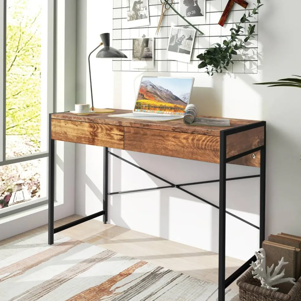 Costway Computer Desk Metal Frame Study Table Home Office Workstation w/2 Drawers