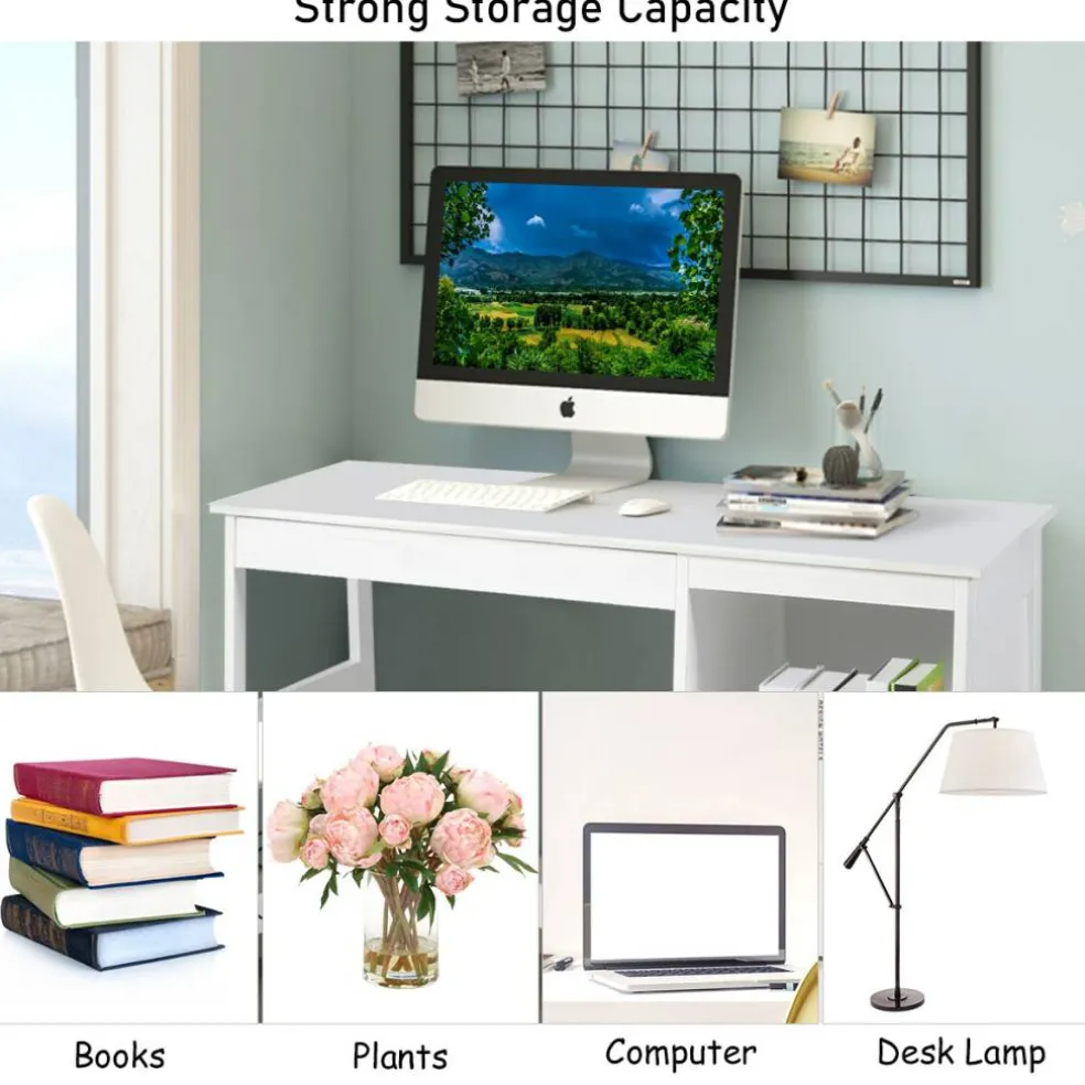 Costway 47.5'' Computer Desk Trestle Desk Writing Study Workstation w/ Shelf & 2 Drawers