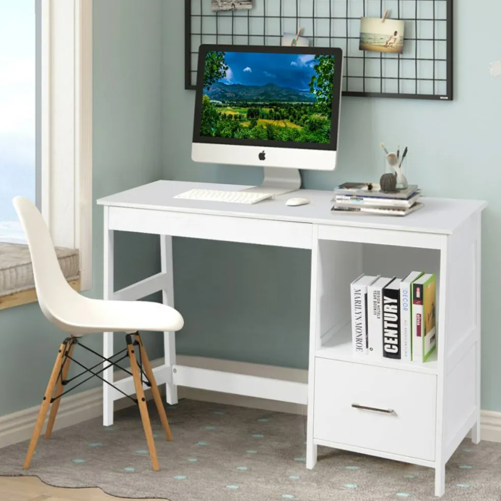 Costway 47.5'' Computer Desk Trestle Desk Writing Study Workstation w/ Shelf & 2 Drawers